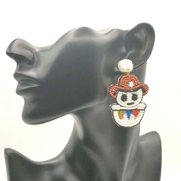 NEW COWBOY SKELETON BOO RICE BEAD HALLOWEEN EARRINGS - Picture 2 of 7